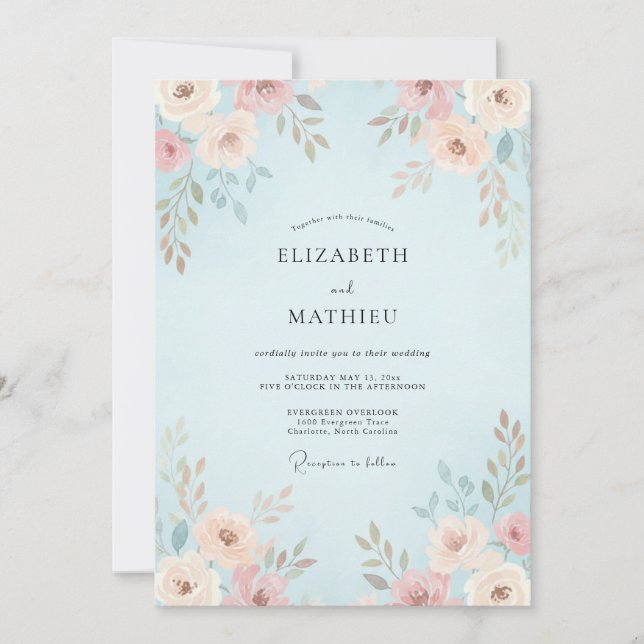 Invitation Mariage au Ranunculus Eucalyptus Pêche Ciel (Devant)
