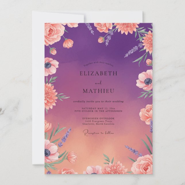 Invitation Mariage au Ranunculus Eucalyptus Pêche Pourpre (Devant)