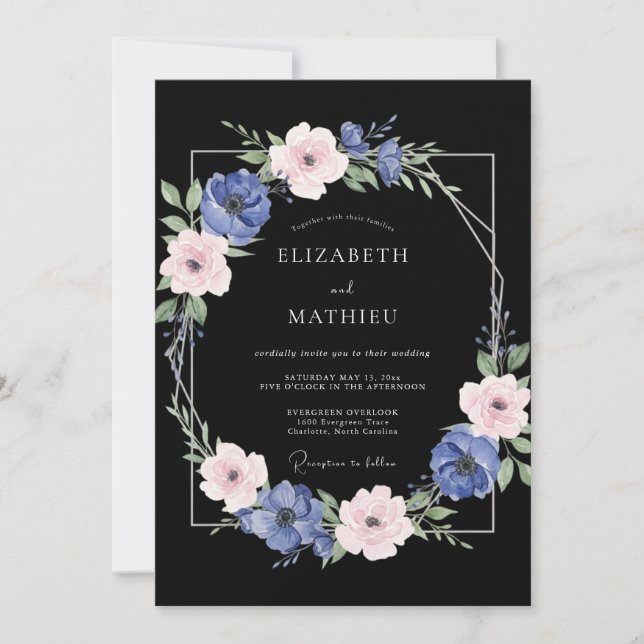 Invitation Mariage au Ranunculus Eucalyptus Periwinkle Noir (Devant)