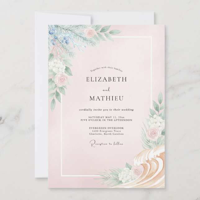Invitation Mariage au Ranunculus Eucalyptus Pervenche Rosé (Devant)