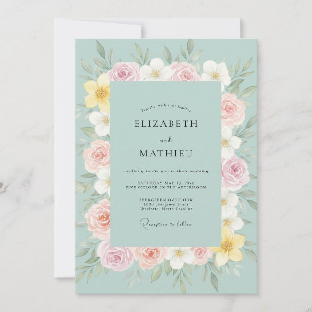 Invitation Mariage au Ranunculus Eucalyptus Rose Pêche Mousse (Devant)