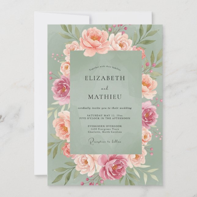 Invitation Mariage au Ranunculus Eucalyptus Sarcelle Poussiér (Devant)