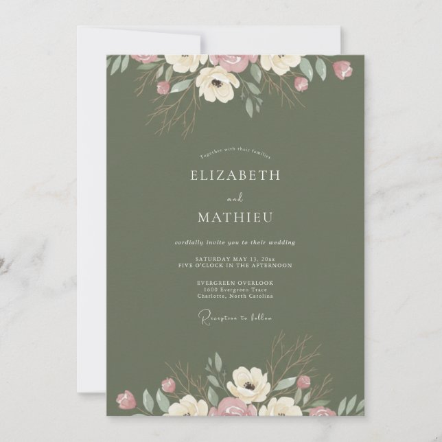 Invitation Mariage au Ranunculus Eucalyptus Teinte Olive (Devant)