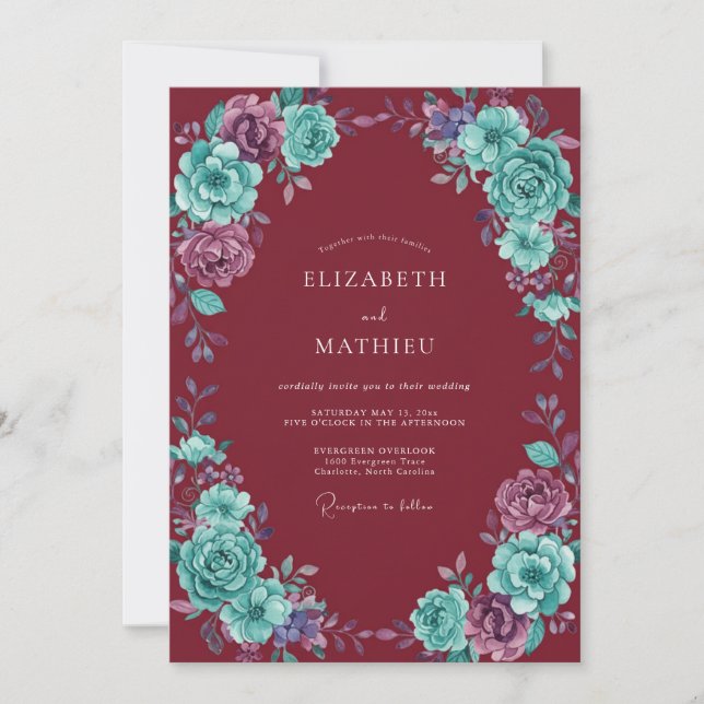 Invitation Mariage au Ranunculus Eucalyptus Turquoise et Bord (Devant)