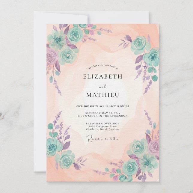 Invitation Mariage au Ranunculus Eucalyptus Turquoise Pêche (Devant)