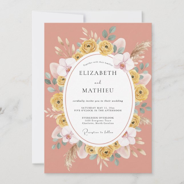 Invitation Mariage au Ranunculus Jaune Corail et Eucalyptus (Devant)