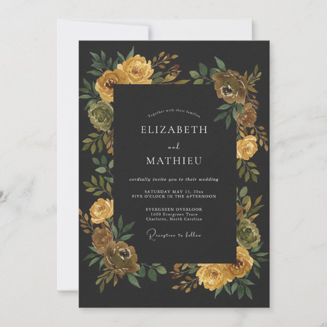Invitation Mariage au Ranunculus Jaune et Eucalyptus sur fond (Devant)