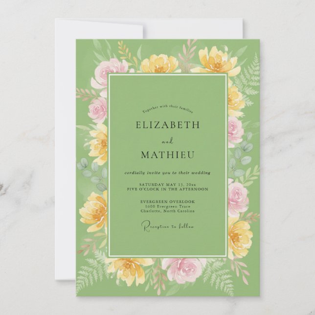 Invitation Mariage au Ranunculus Jaune Pistache et Eucalyptus (Devant)