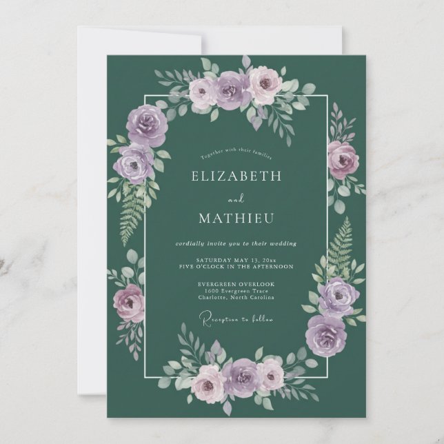 Invitation Mariage au Ranunculus Lilas Émeraude et Eucalyptus (Devant)
