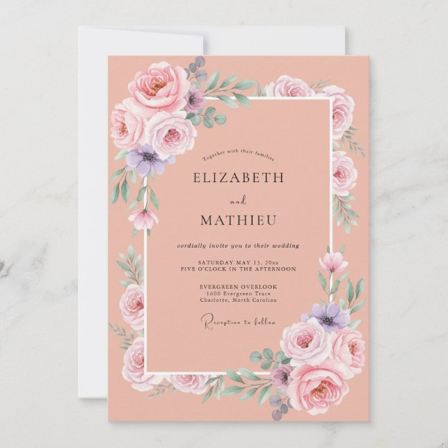 Invitation Mariage au Ranunculus Lilas et Eucalyptus Pêche (Devant)
