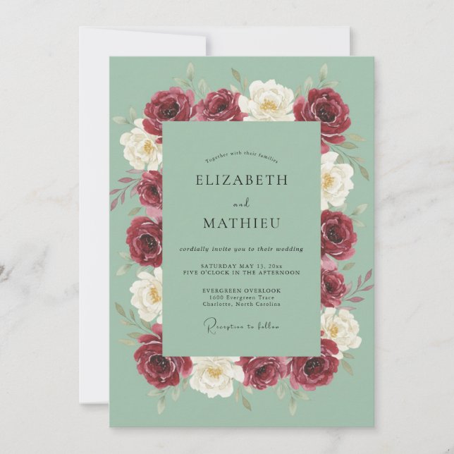 Invitation Mariage au Ranunculus Marron et Eucalyptus Seafoam (Devant)