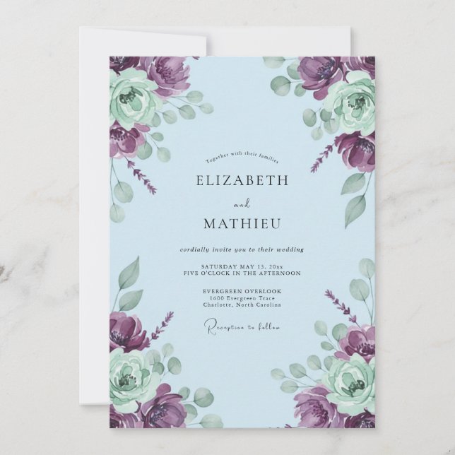 Invitation Mariage au Ranunculus Menthe Prune Eucalyptus Doux (Devant)