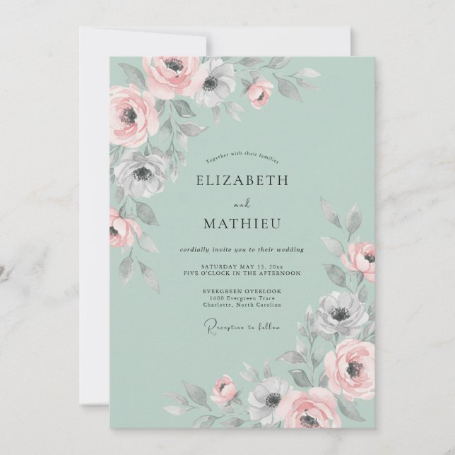 Invitation Mariage au Ranunculus Pastel Menthe et Eucalyptus (Devant)