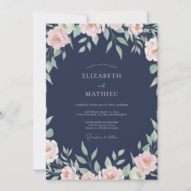 Invitation Mariage au Ranunculus pêche et Eucalyptus Navy (Devant)