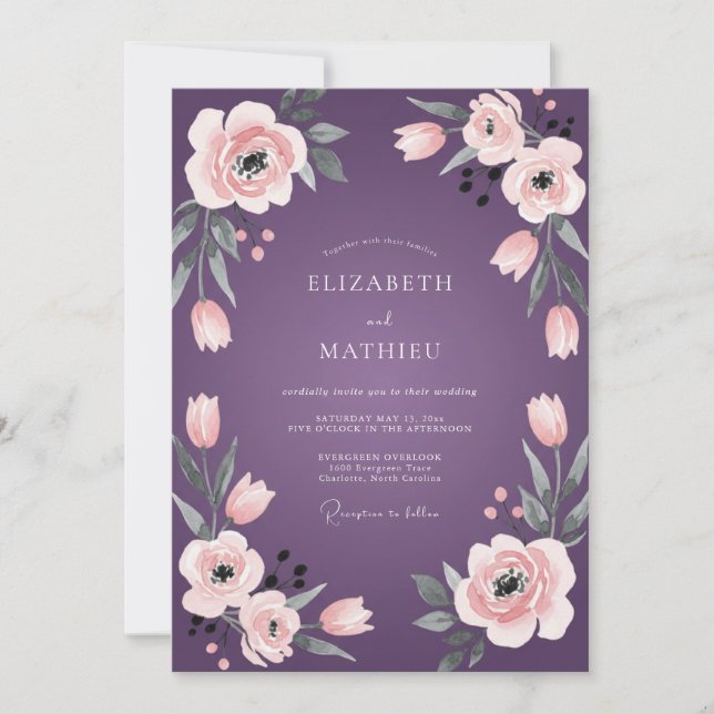 Invitation Mariage au Ranunculus pêche et Eucalyptus prune (Devant)