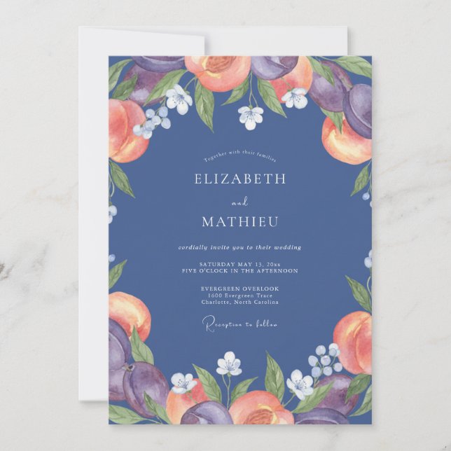 Invitation Mariage au Ranunculus Pêche Eucalyptus Indigo (Devant)