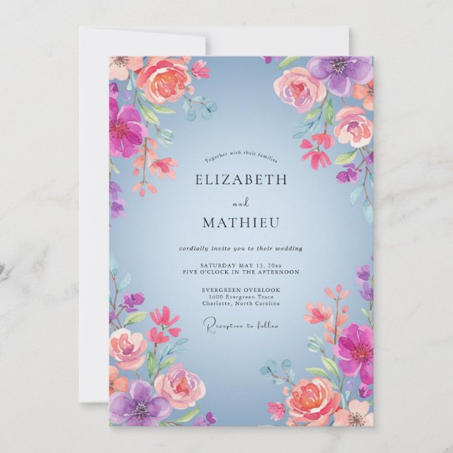 Invitation Mariage au Ranunculus Pêche Periwinkle et Eucalypt (Devant)