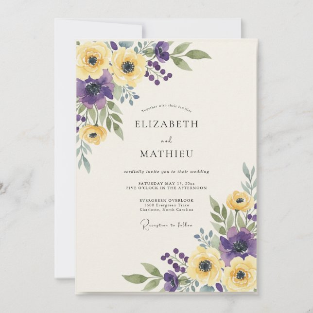 Invitation Mariage au Ranunculus Pourpre Moutarde et Eucalypt (Devant)