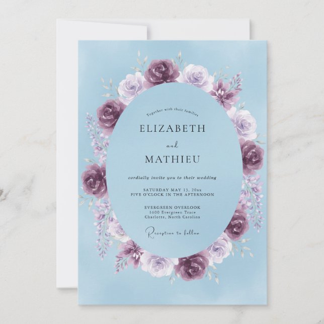 Invitation Mariage au Ranunculus Prune et Eucalyptus Bleu Pou (Devant)
