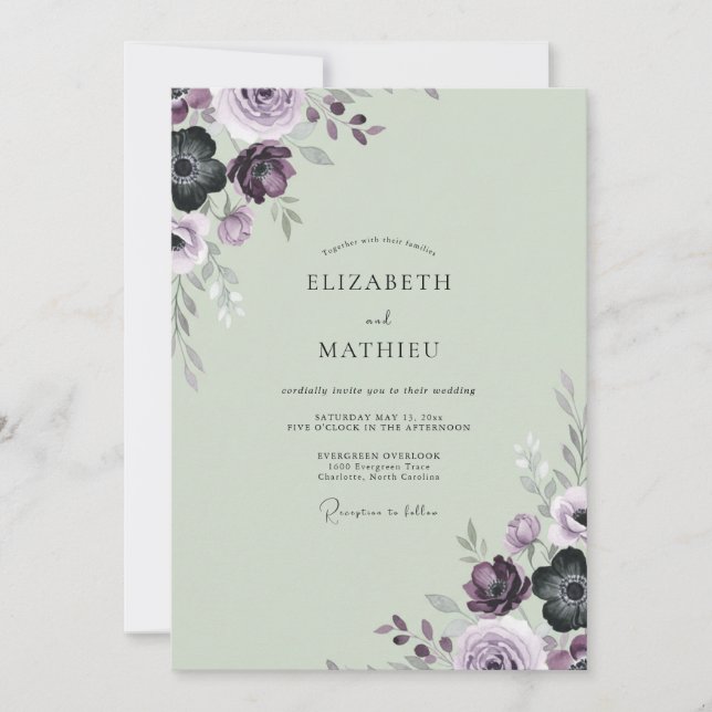 Invitation Mariage au Ranunculus Prune Sauge et Eucalyptus (Devant)