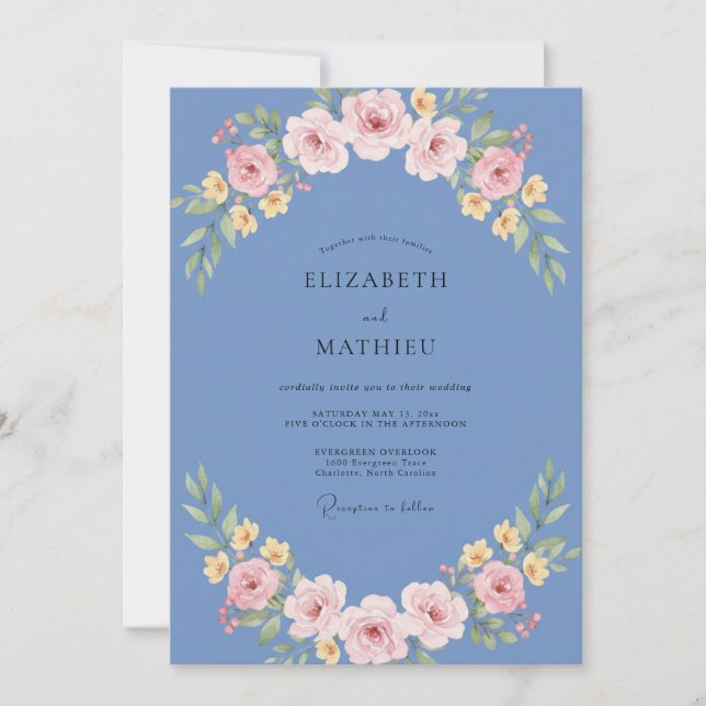 Invitation Mariage au Ranunculus Rose Bleuet et Eucalyptus (Devant)