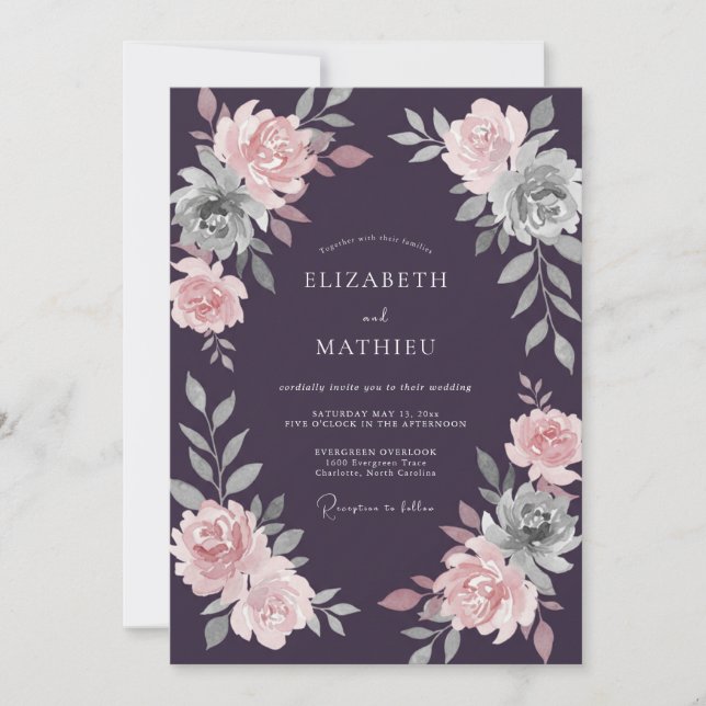 Invitation Mariage au Ranunculus Rose et Eucalyptus de Prune (Devant)
