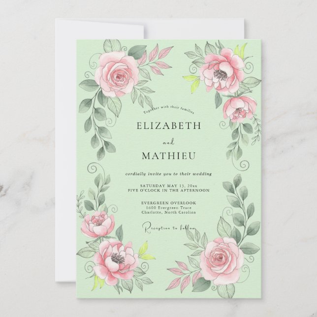 Invitation Mariage au Ranunculus Rose et Eucalyptus Menthe (Devant)