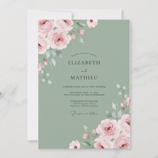 Invitation Mariage au Ranunculus Rose Pâle et Eucalyptus (Devant)
