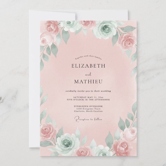 Invitation Mariage au Ranunculus Rose Pâle et Eucalyptus (Devant)