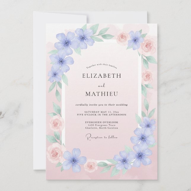 Invitation Mariage au Ranunculus Rose Pâle et Eucalyptus Perv (Devant)