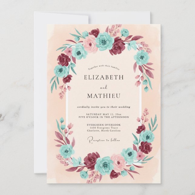 Invitation Mariage au Ranunculus sarcelle et Bourgogne avec E (Devant)