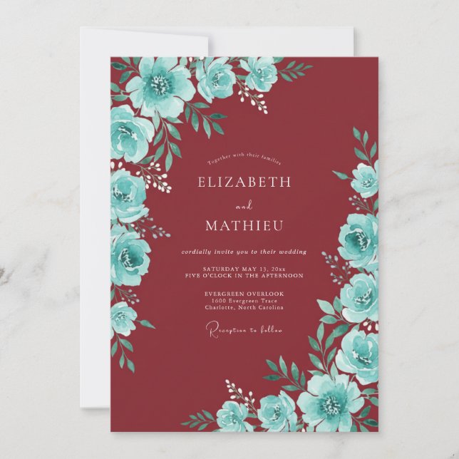 Invitation Mariage au ranunculus sarcelle et eucalyptus borde (Devant)