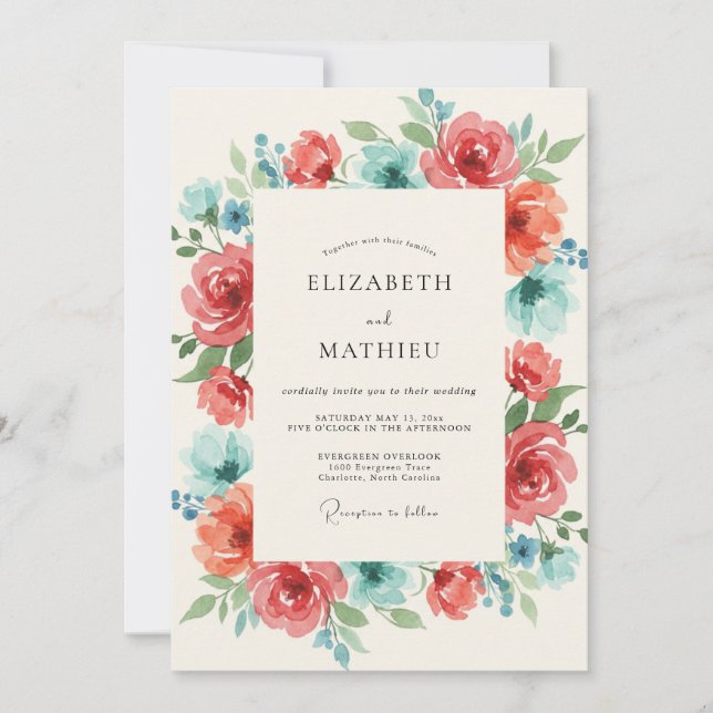 Invitation Mariage au Ranunculus sarcelle et Eucalyptus corai (Devant)