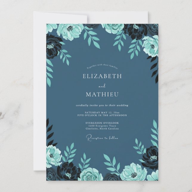 Invitation Mariage au Ranunculus sarcelle et Eucalyptus sur f (Devant)