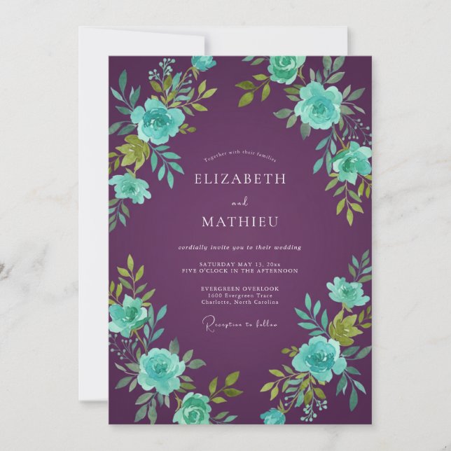 Invitation Mariage au Ranunculus Turquoise et Prune Eucalyptu (Devant)