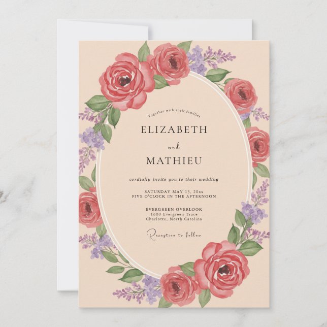 Invitation Mariage au Ranunculus Violet Corail et Eucalyptus (Devant)