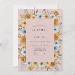Invitation Mariage au renoncule cyan doré et eucalyptus