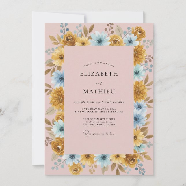 Invitation Mariage au renoncule cyan doré et eucalyptus (Devant)