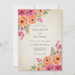 Invitation Mariage au renoncule eucalyptus orange magenta