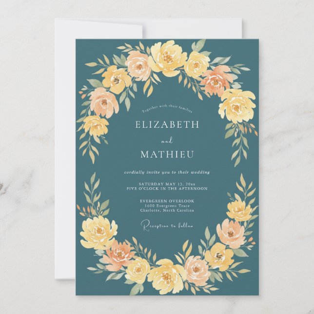 Invitation Mariage au renoncule eucalyptus sarcelle jaune (Devant)