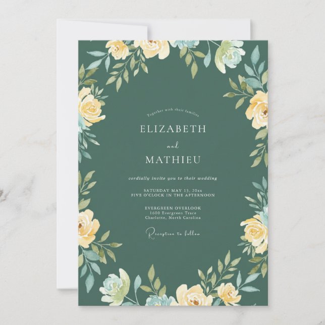 Invitation Mariage au renoncule Eucalyptus sarcelle profonde (Devant)