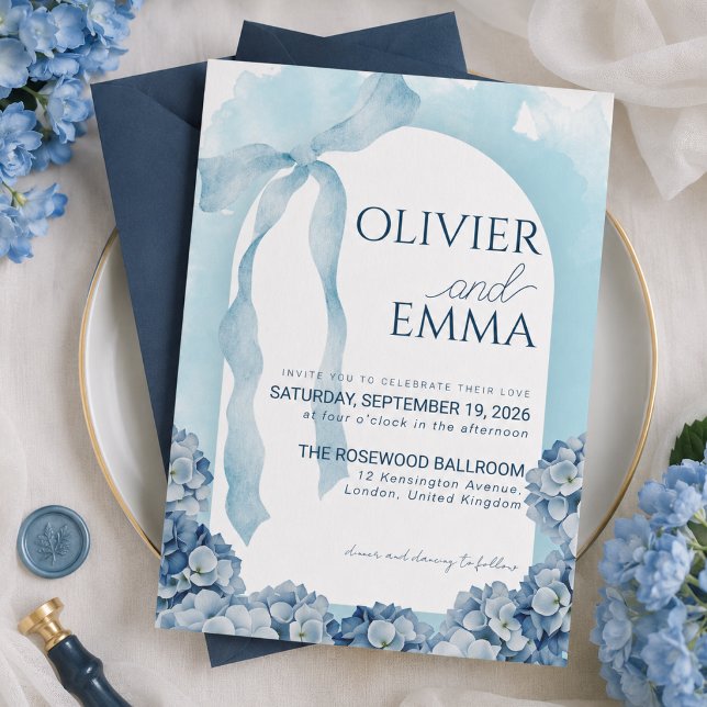 Invitation Mariage au Ruban d'Hydrangea Bleu Élégant (Créateur téléchargé)