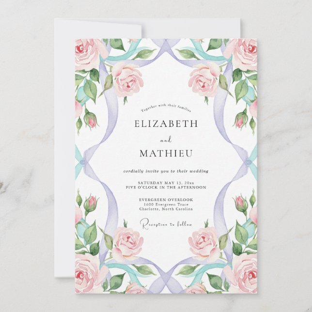 Invitation Mariage au Ruban Pervenche et Eucalyptus Rosé (Devant)