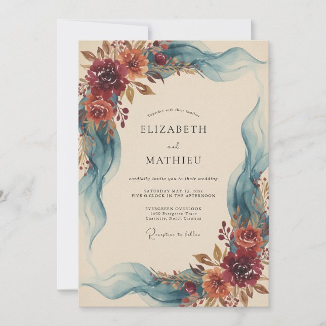 Invitation Mariage au ruban sarcelle et eucalyptus de Bourgog (Devant)