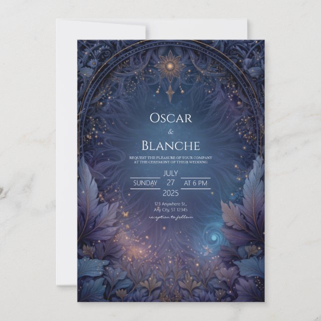 Invitation Mariage au Soleil Céleste et Feuillage Marine Somb (Devant)