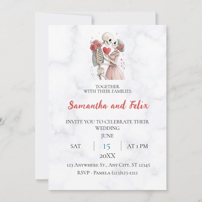 Invitation Mariage au squelette rose cœur marbre (Devant)
