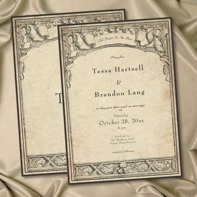 Invitation Mariage au style gothique médiéval avec arche sur  (Vintage Gothic Medieval Arch Parchment Wedding Invitation)