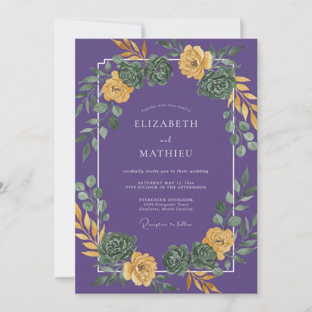 Invitation Mariage au Succulent Eucalyptus Jaune Violet (Devant)