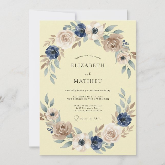 Invitation Mariage au thème de feuille peinte à l'encre et au (Devant)