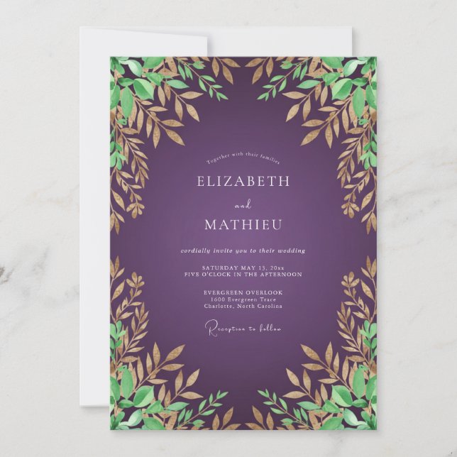 Invitation Mariage au thème Eucalyptus et feuillage de Prunie (Devant)